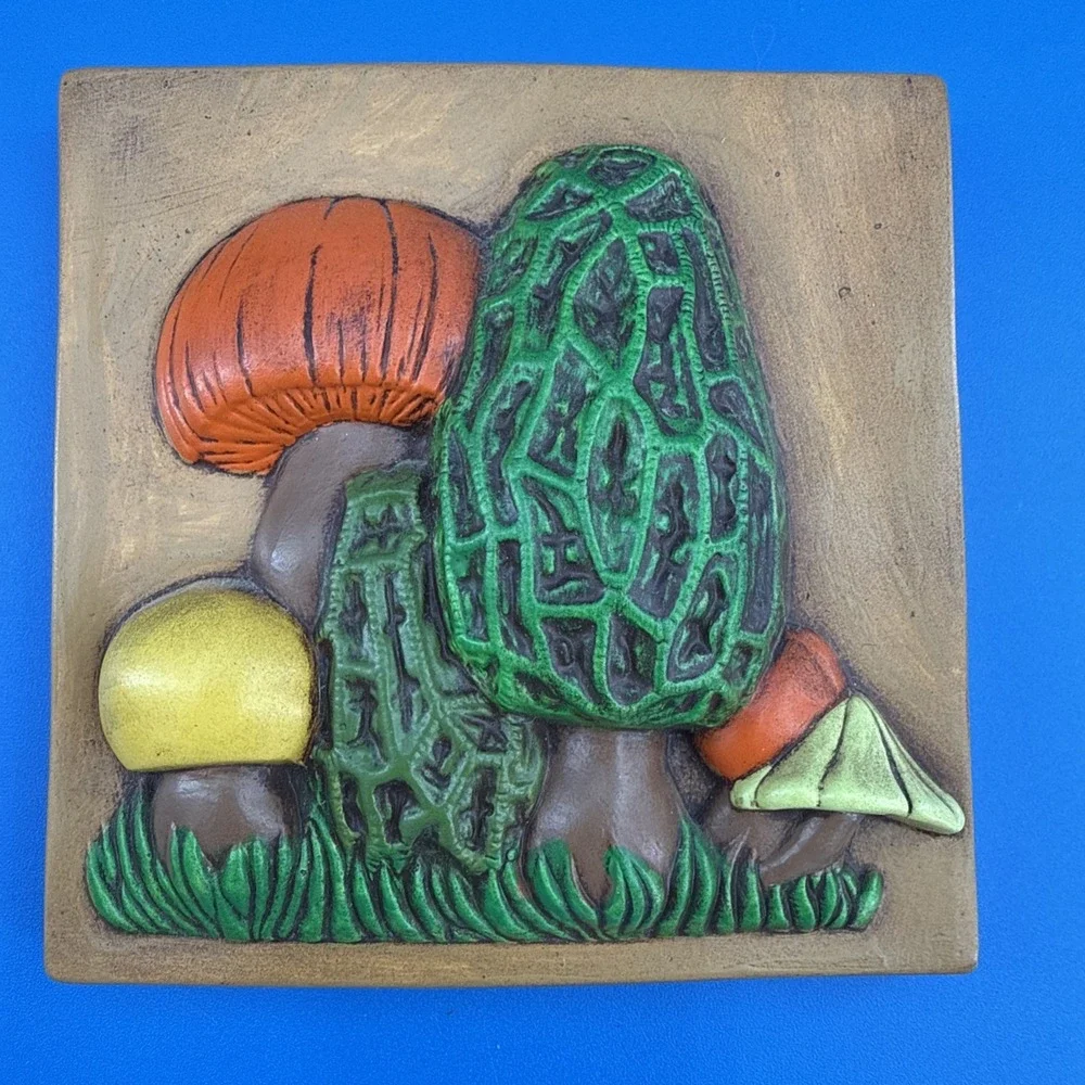 Vtg Lot Of 3 Mushroom Wall Art Hand Painted Orange Plaque 70s Ceramic 3D